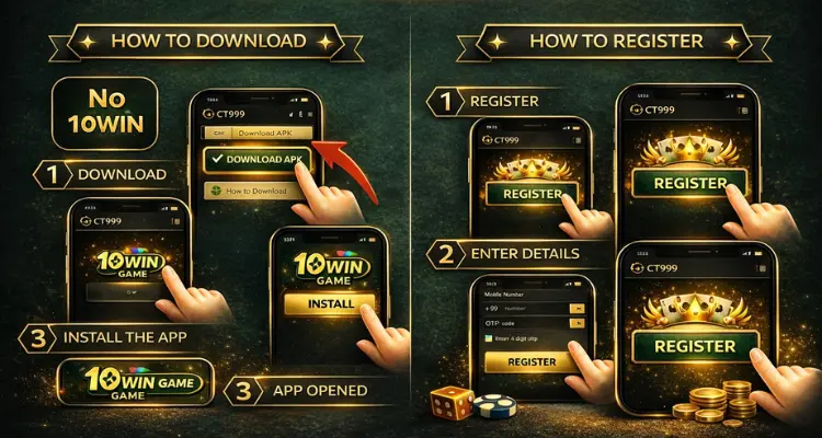 Step-by-step guide showing how to download and register on the 10Win Game app, including APK download, app installation, account registration, and entering user details.