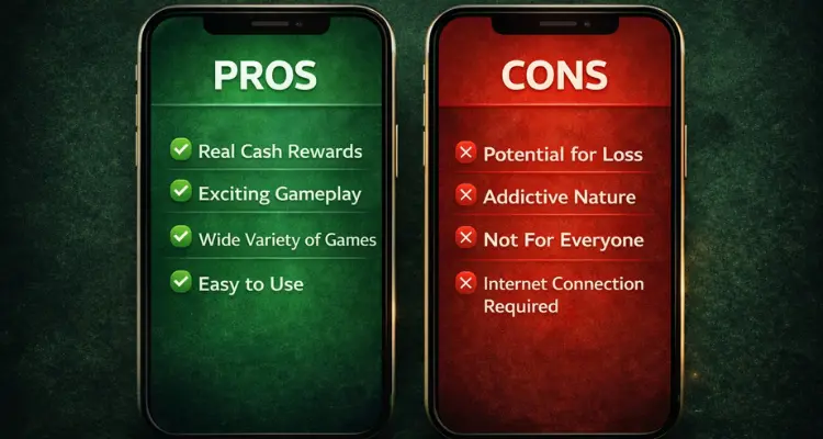 Pros and cons of the 10Win Game app displayed on two smartphones, highlighting real cash rewards, exciting gameplay, wide game variety, and ease of use versus potential loss, addictive nature, internet requirement, and limited suitability.