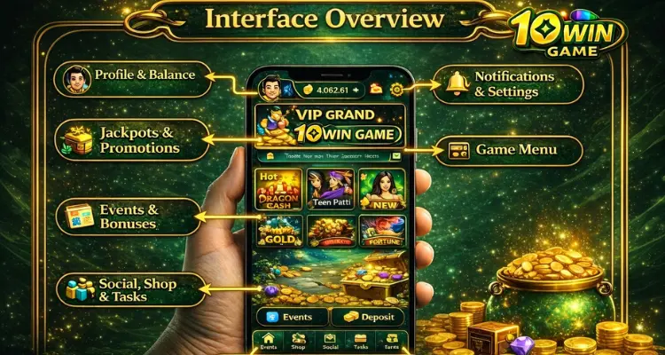 10Win Game mobile app interface overview showing profile balance, VIP Grand section, jackpots, promotions, events, bonuses, notifications, settings, and game menu with a gold-themed casino design.